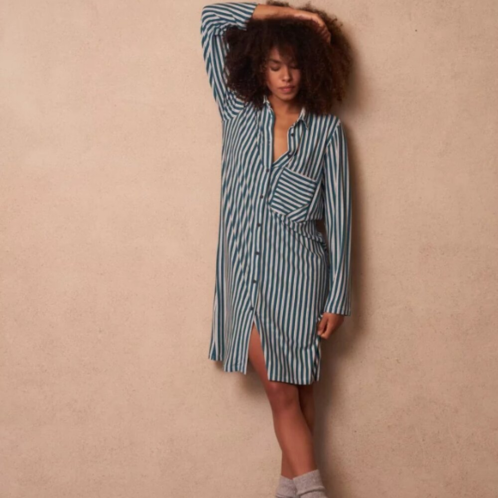 NWT Luxury Belgian Nightgown by PLUTO Green/Cream Stripe Size 40/Medium